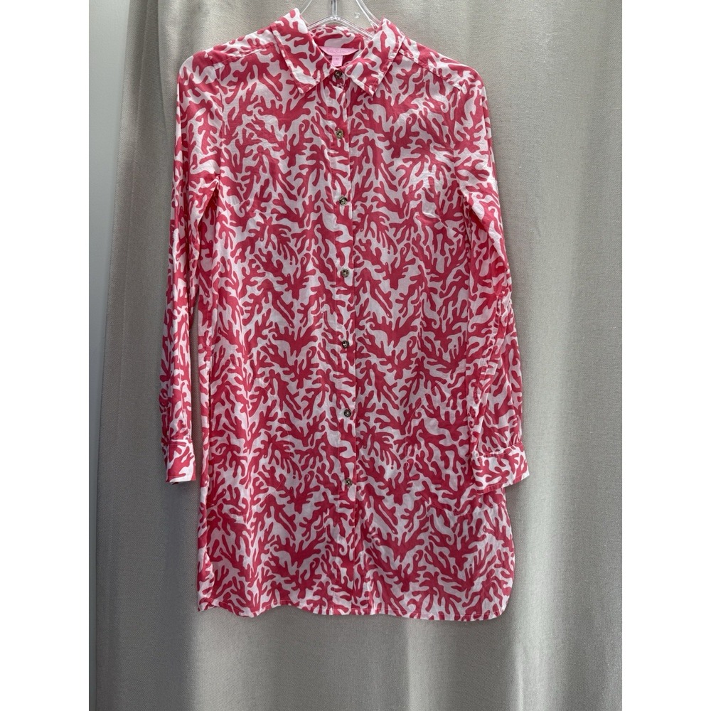Lilly‎ Pulitzer Dress Shirt Womens XS Pink White Nautical Ocean Cotton Resort